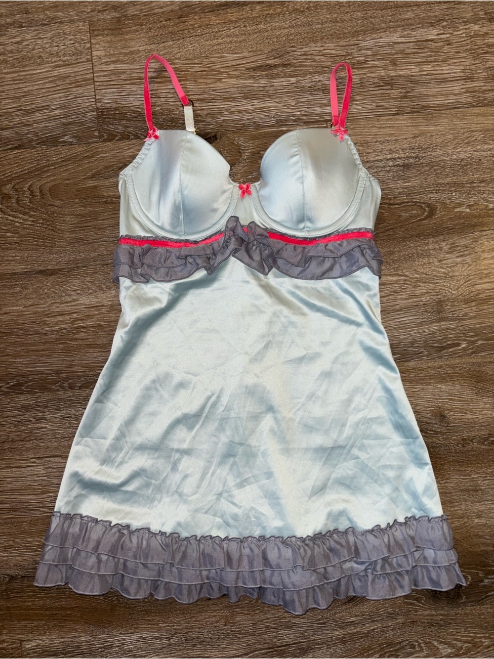 Y2K Victorias Secret Ruffle Teal Satin Hot Pink Bows Mini Slip Dress Size 36B
